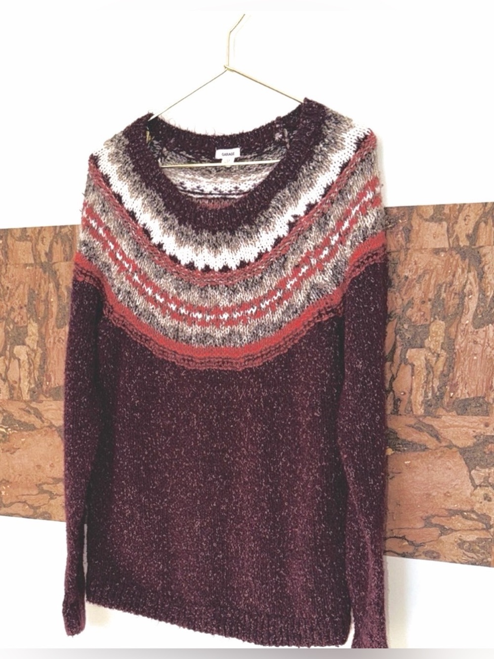 37% Cotton Garage Soft Burgundy Gray Orange Patterned Sweater Medium Weight 💫